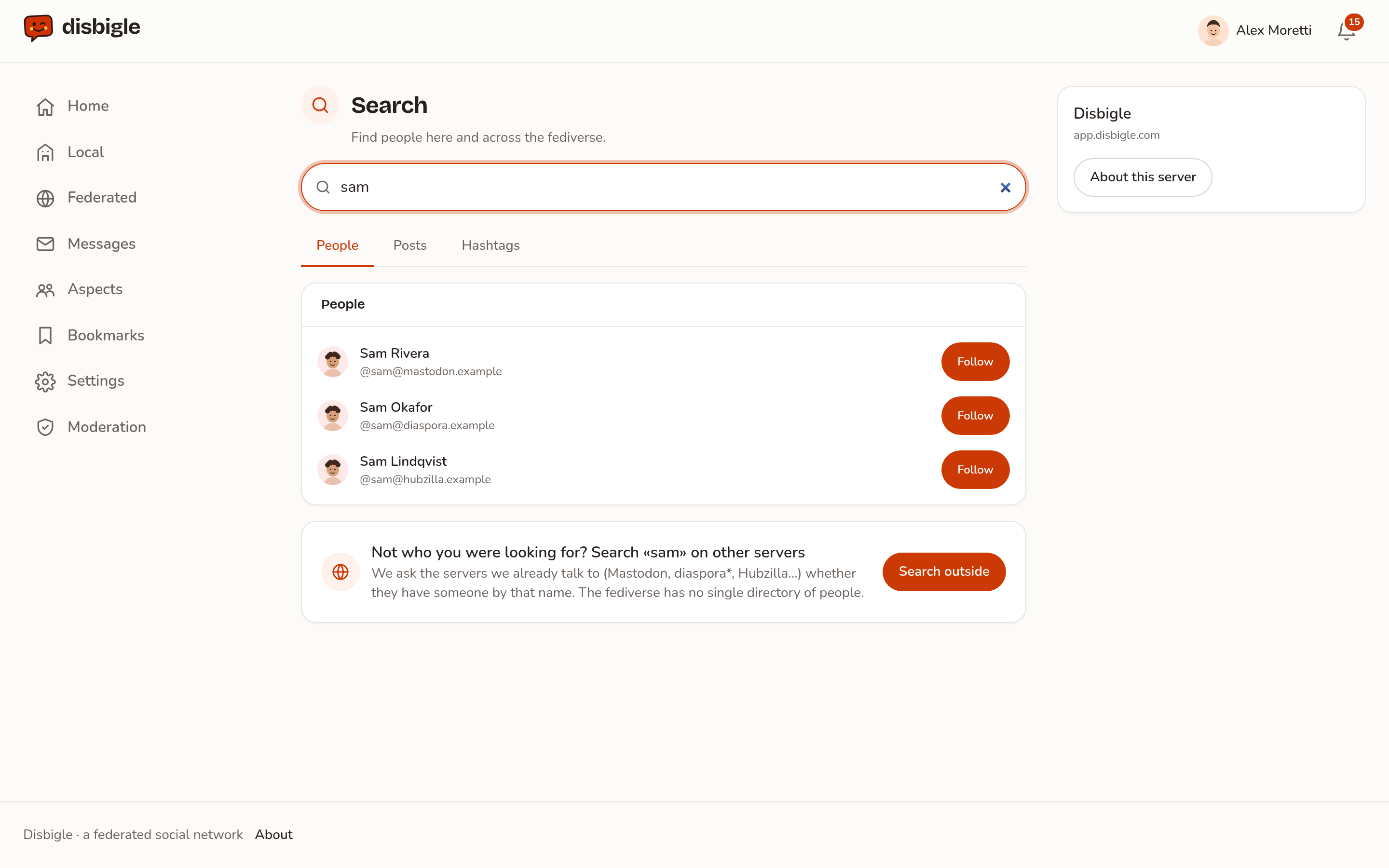 Searching "sam" finds people on Mastodon, diaspora* and Hubzilla, with a "Search outside" button