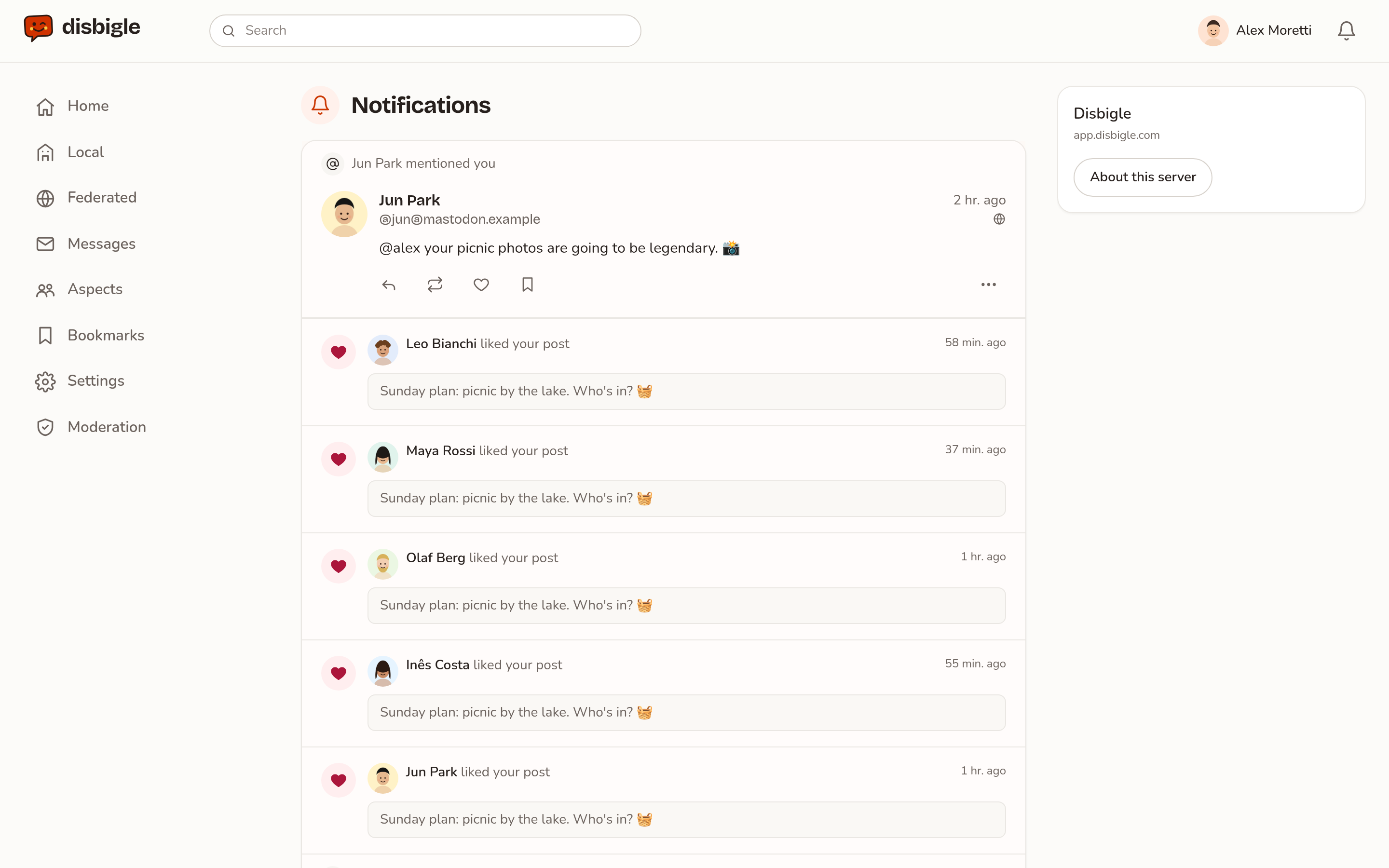 Notifications: a mention from Mastodon and likes from several networks